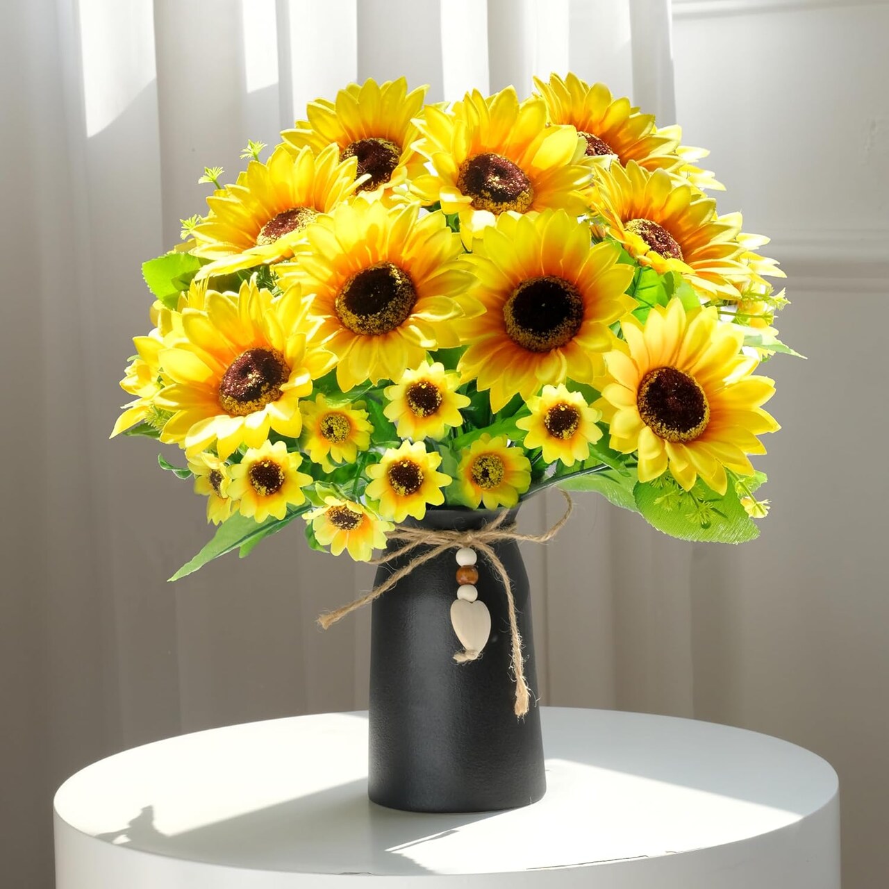 Spring Tabletop Decor – Artificial Sunflower Arrangement in Black Vase, 3 Bunches of Lifelike Sunflowers with Rustic Farmhouse Vase for Home, Office & Special Occasions
